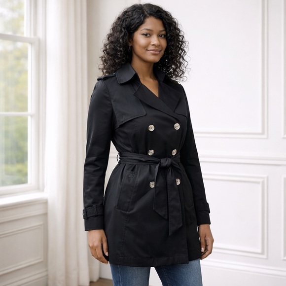Dkny Jackets & Blazers - DKNY Black Trench Rain Jacket Double Breasted Lined Belted Classic L Outdoor